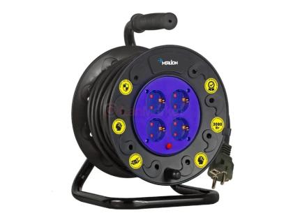 Удлинитель на катушке MERLION 2х1,5, 25 м, 16А, 220В, 4xSCHUKO socket, кабель нг-LS, тепловое реле (
