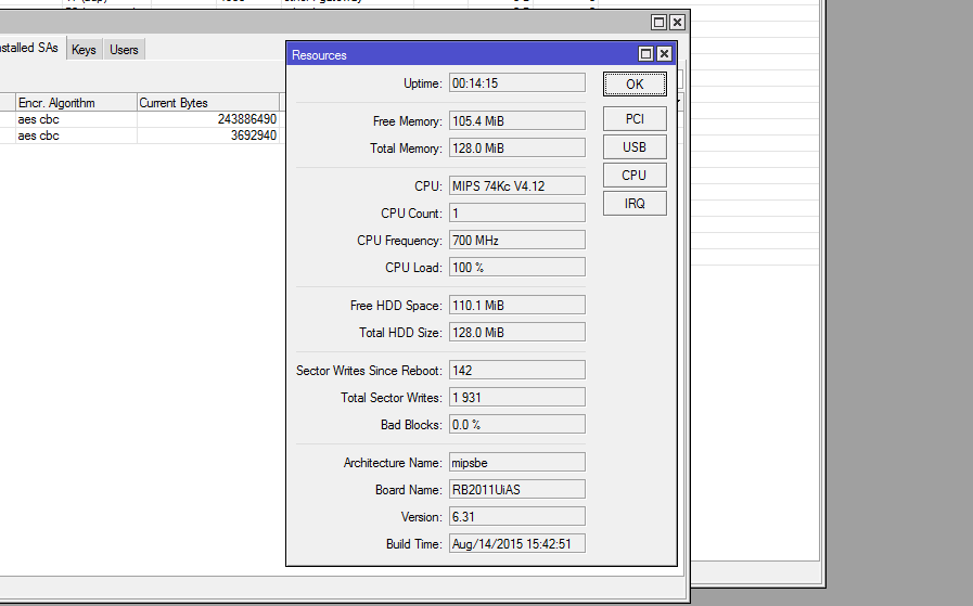 огляд маршрутизатора RB2011UiAS-RM результаты теста l2tp с шифрованием AES 128/256