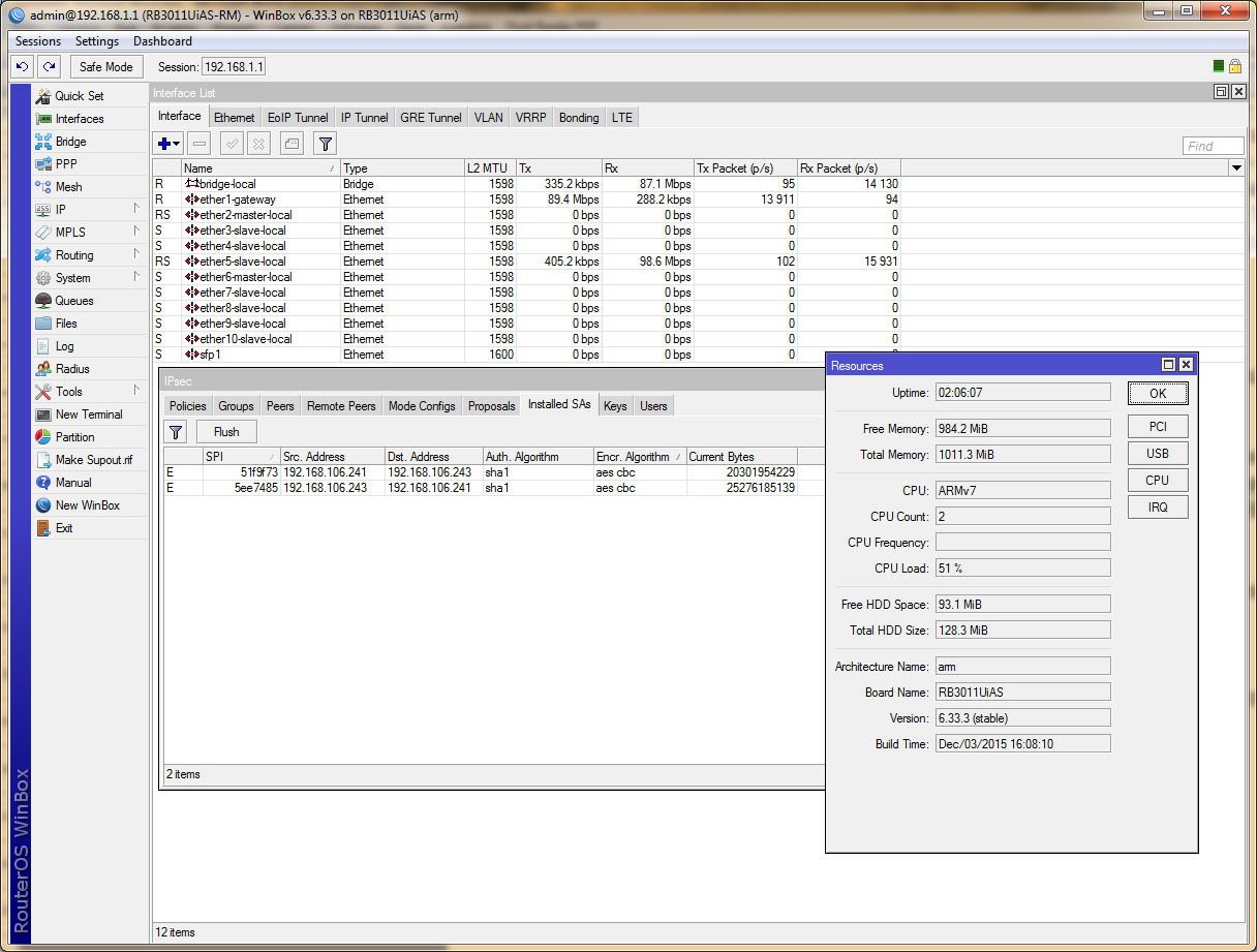 тест RB850Gx2 и RB3011UiAS-RM RB3011, IPSec 128-bit AES