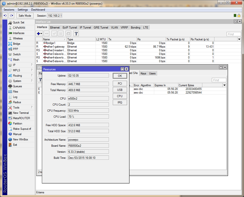 тест RB850Gx2 и RB3011UiAS-RM RB850Gx2, IPSec 128-bit AES