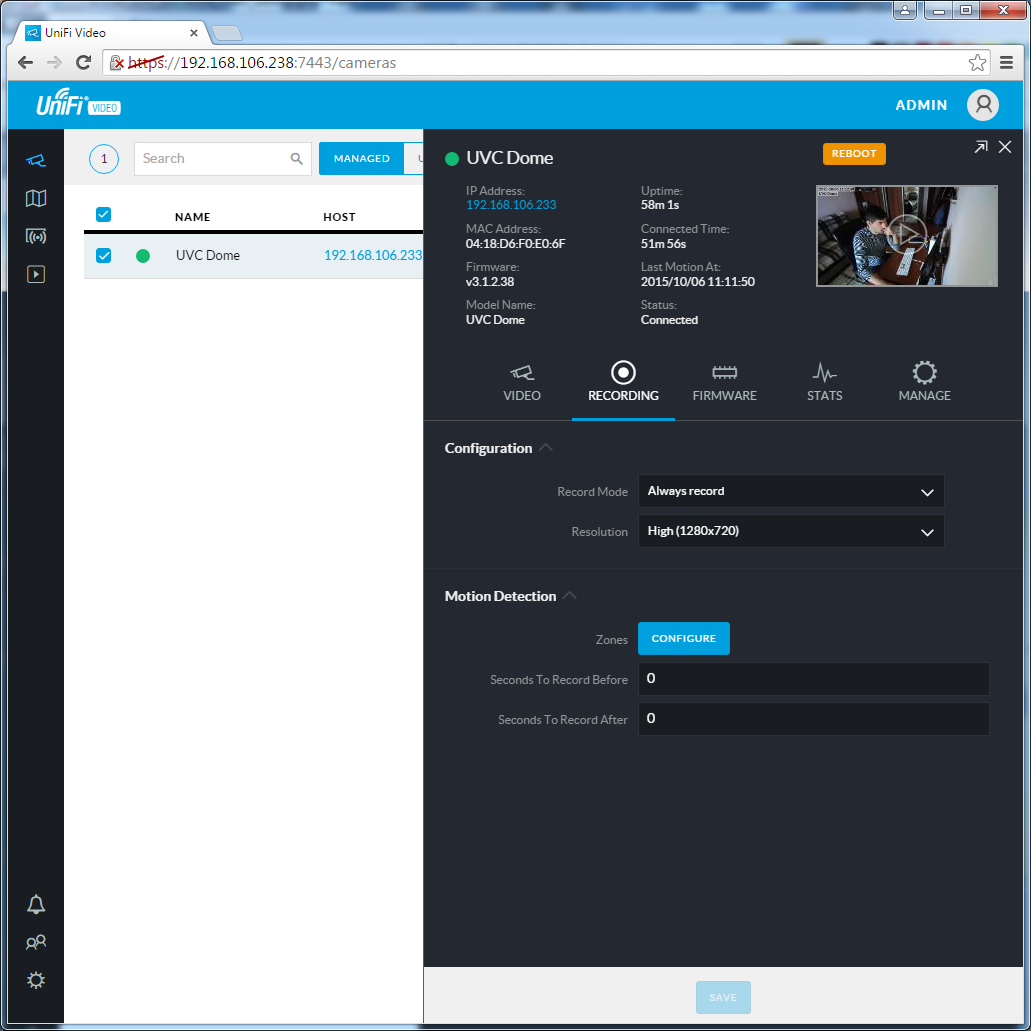 UniFi Video Camera Dome UniFi Video Camera Dome вкладка Recording
