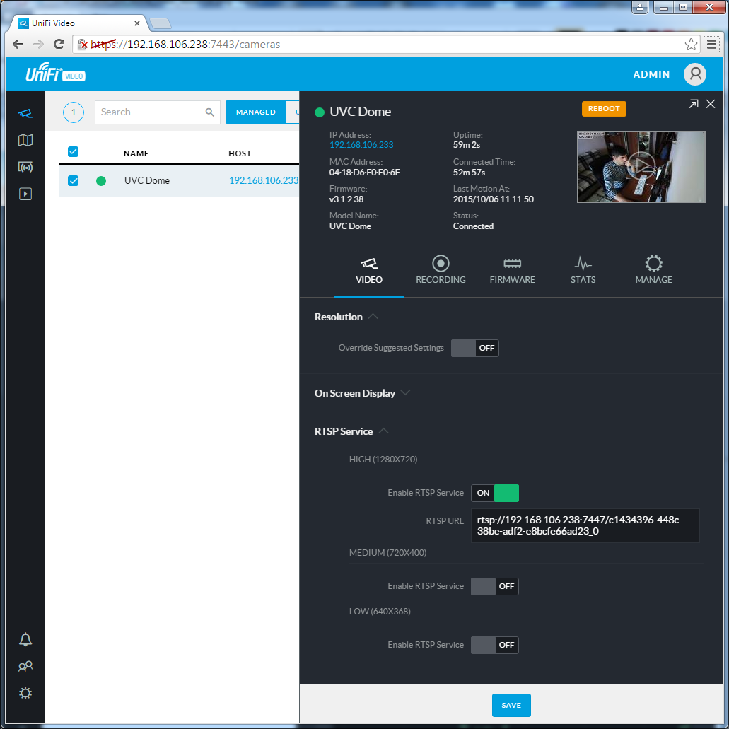 UniFi Video Camera Dome UniFi Video Camera Dome настройки Video