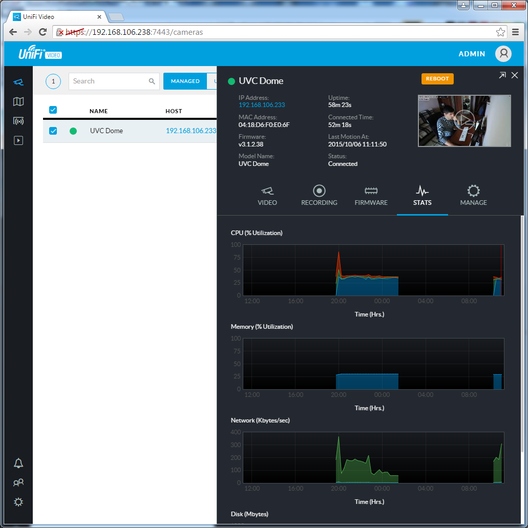 UniFi Video Camera Dome UniFi Video Camera Dome вкладка Stats