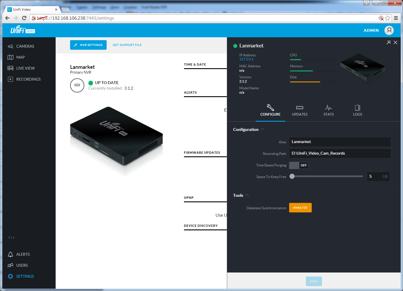 UniFi Video Camera Dome UniFi Video Camera Dome расширенные настройки NVR Settings
