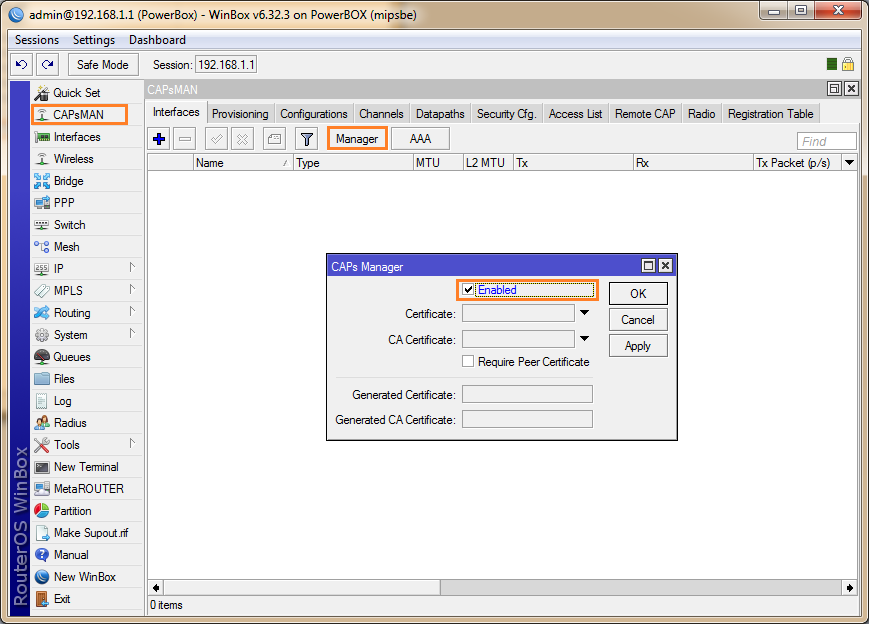 CAPsMAN опция «Enabled» для включения сервера