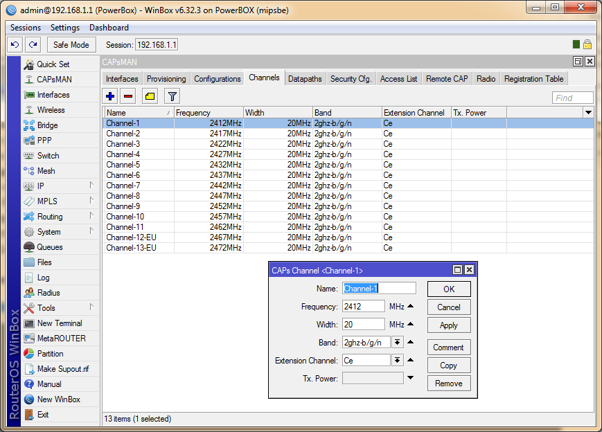 CAPsMAN список беспроводных каналов