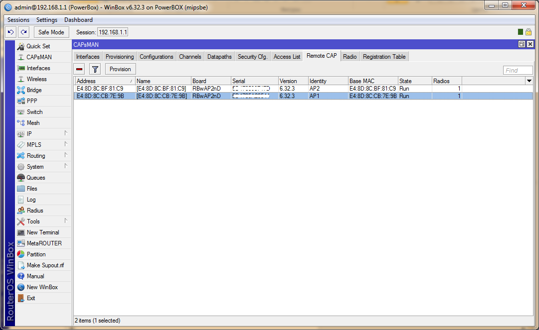 CAPsMAN список подключенных управляемых точек доступа