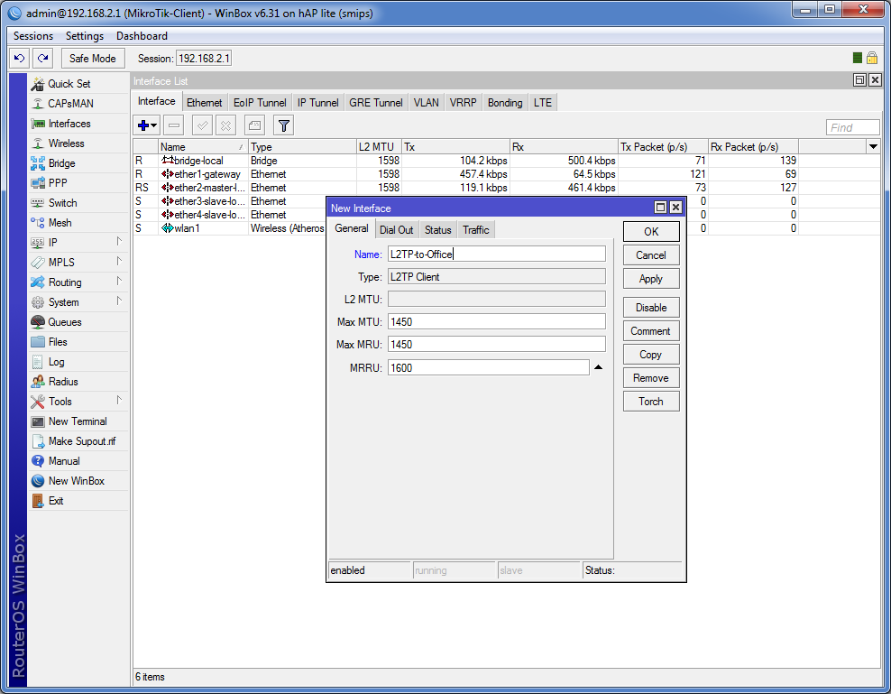 L2TP объеденение сетей - Настройка клиента добавляем новый L2TP Client