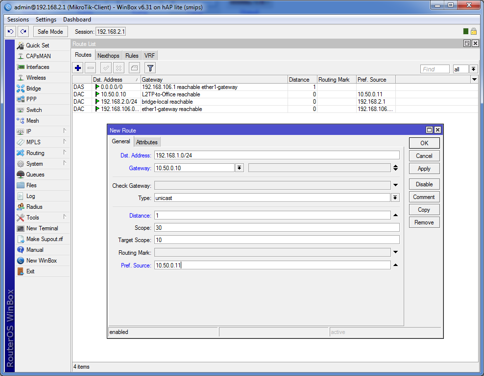 L2TP объеденение сетей - Настройка клиента Пробуем пинговать