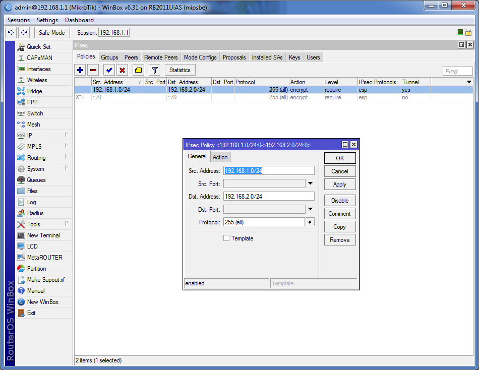L2TP объеденение сетей - Настройки на сервере открываем вкладку Policies