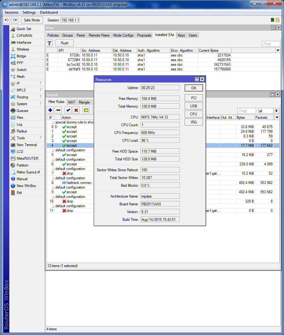 L2TP объеденение сетей - проверка производительности Загрузка процессора 95%