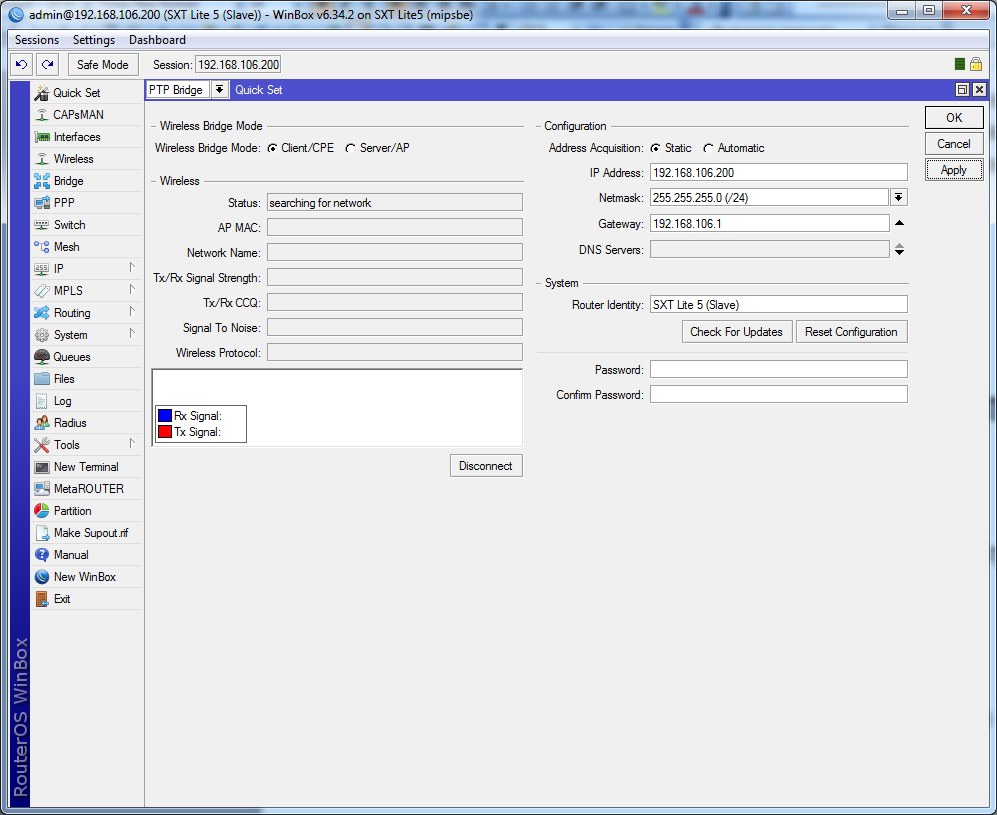 Побудова бездротового мосту SXT устанавливаем режим PTP Bridge