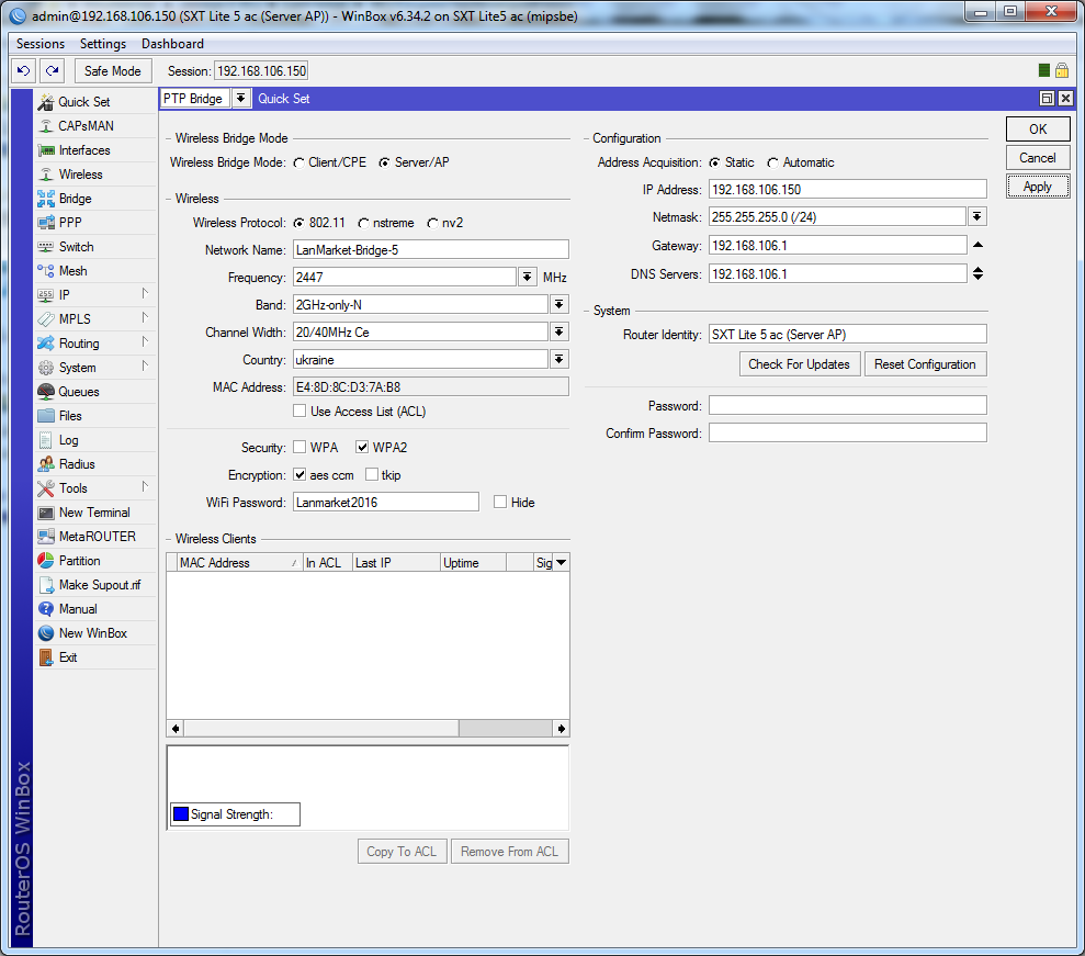 Побудова бездротового мосту SXT В режиме PTP Bridge выбираем Wireless Mode – Server/AP