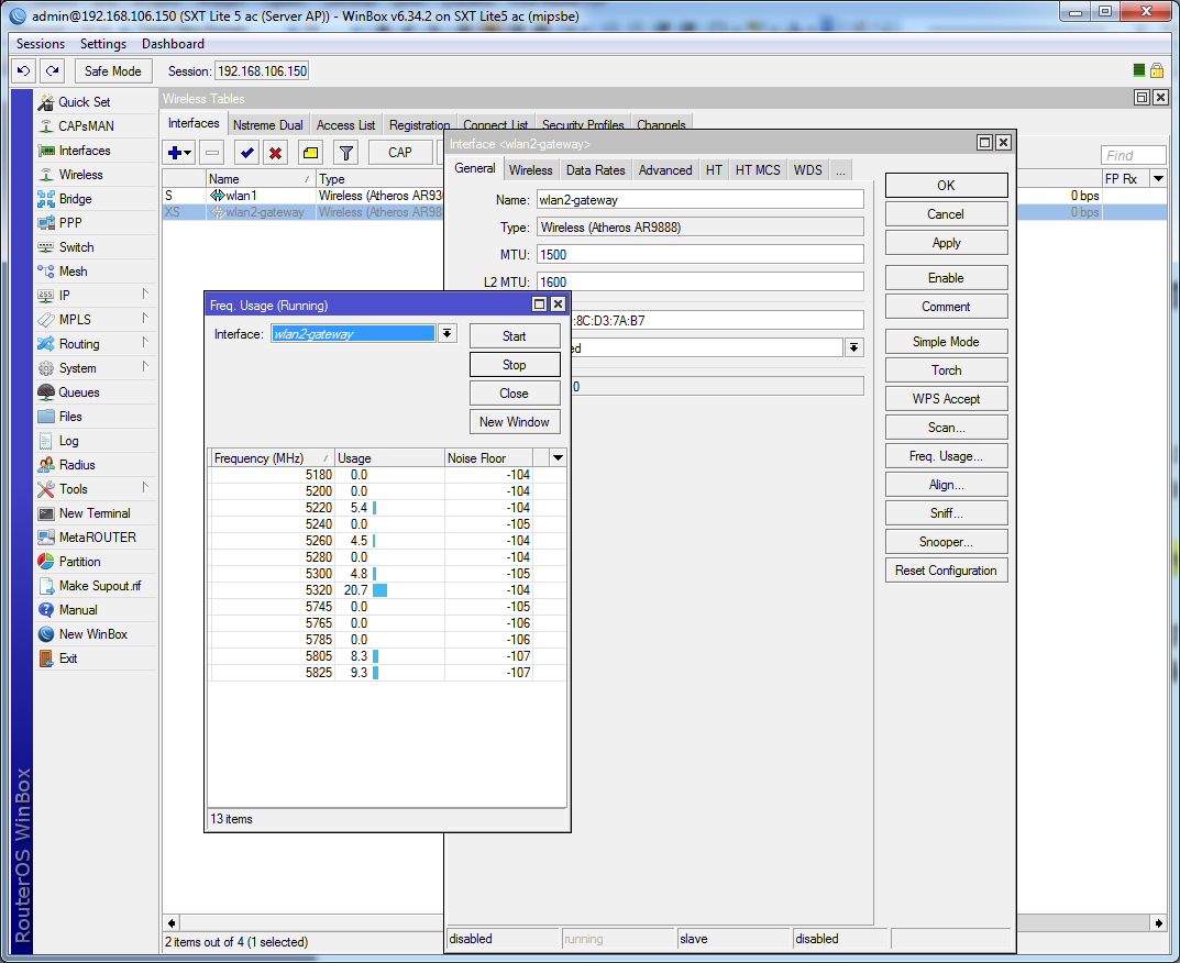 Побудова бездротового мосту SXT выбор рабочего канала (частоты)