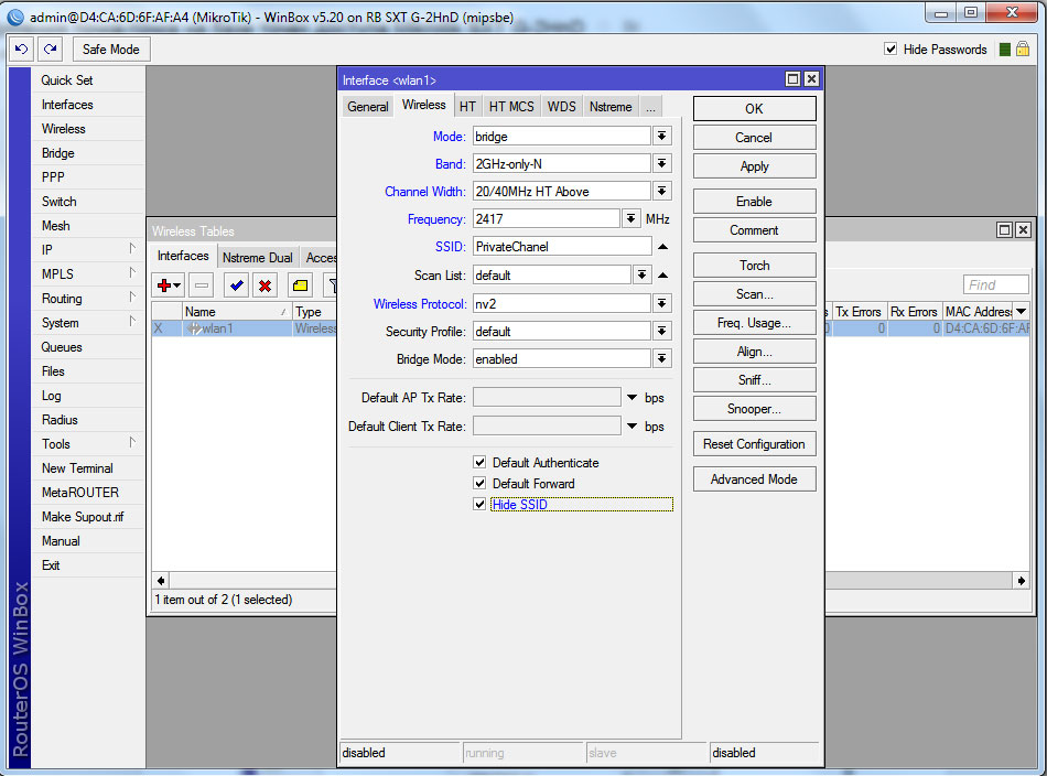 Mikrotik SXT G-2HnD налаштування wlan інтерфейсу Mikrotik SXT G-2HnD настройка wlan интерфейса