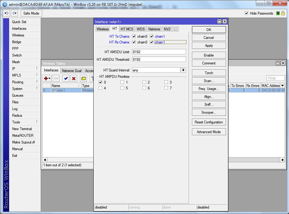 Mikrotik SXT G-2HnD налаштування wlan інтерфейсу Mikrotik SXT G-2HnD настройка wlan интерфейса