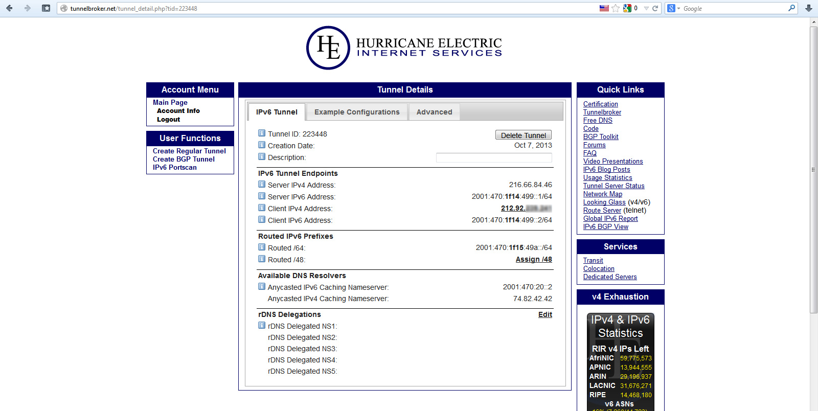 Данные созданого тунелля Страница тунеля