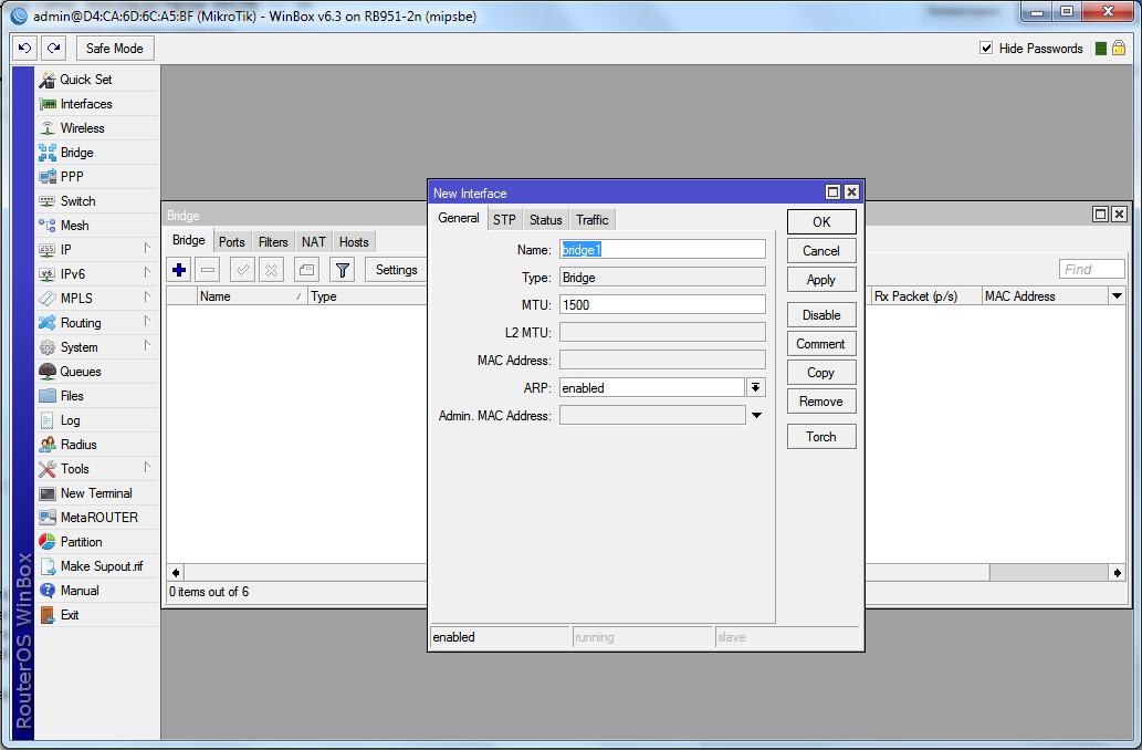 Скриншот - раздел Bridge утилиты Winbox Раздел Bridge утилиты Winbox