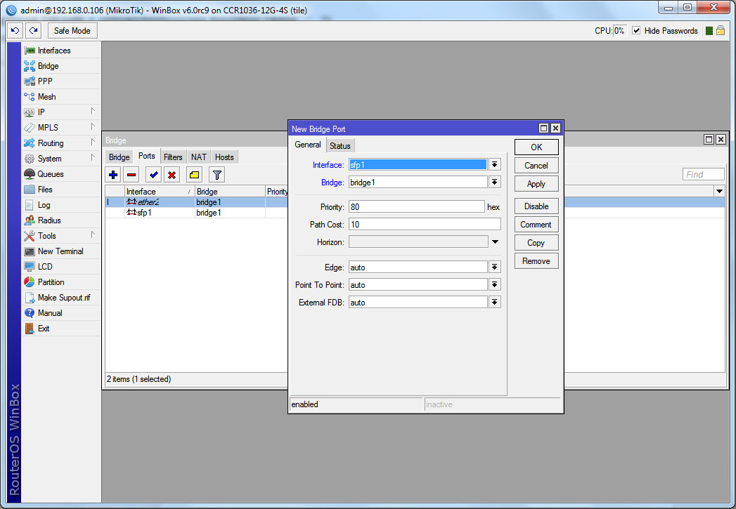 Налаштування мосту для sfp інтерфейсу Настройка моста для sfp интерфейса