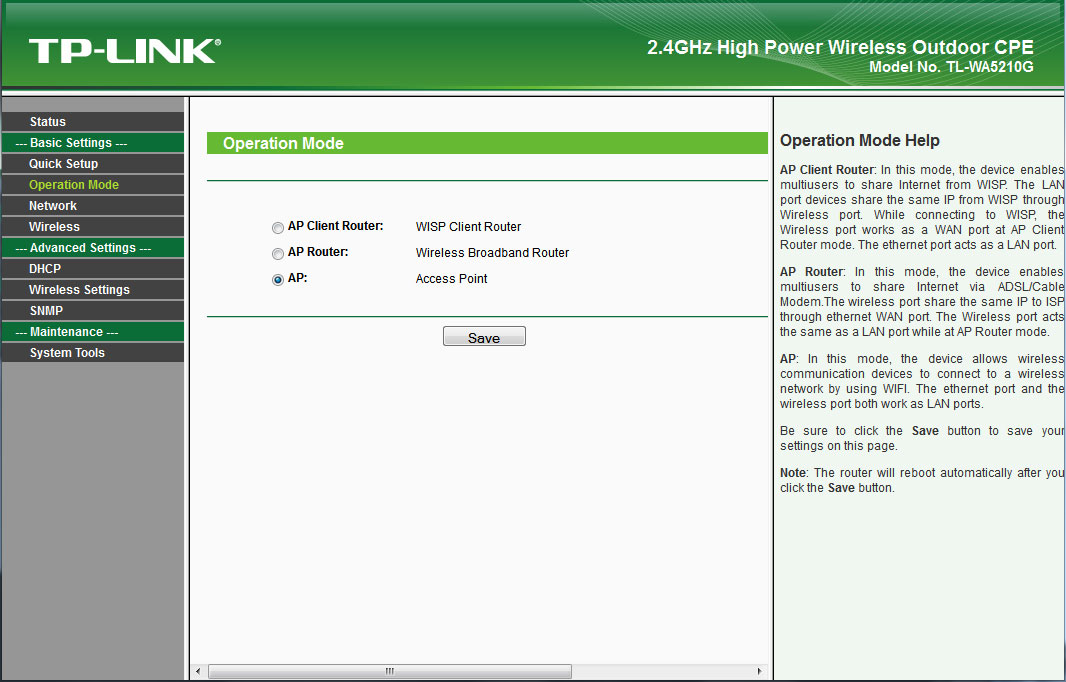 Збереження налаштувань TP-Link 5210G operation mode