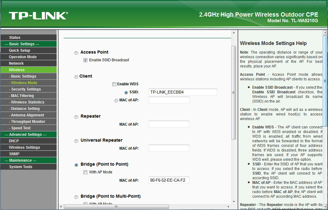 Вибір режиму bridge TP-Link 5210G wireless mode bridge