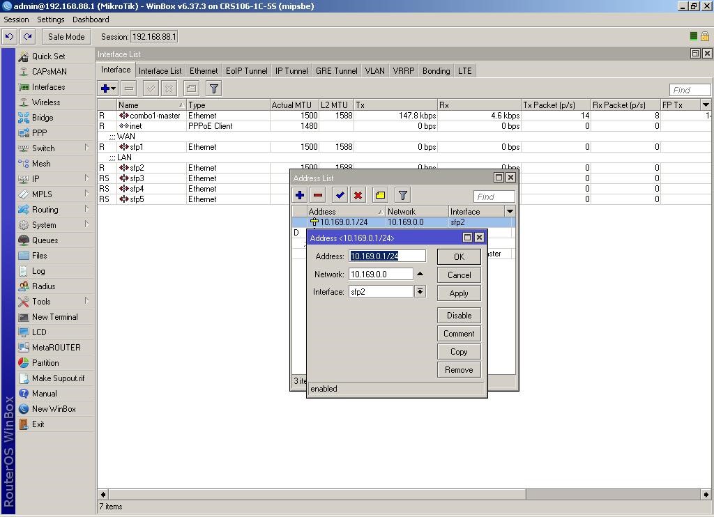 WinBox додаємо нову мережу 10.169.0.1 на інтерфейсі sfp2 WinBox добавляем новую сеть 10.169.0.1 на интерфейсе sfp2