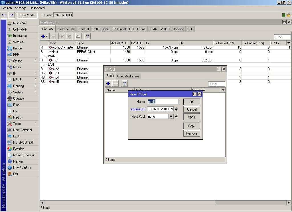 WinBox Далі в IP-Pool додаємо новий пул 10.169.0.2-10.169.0.200 і називаємо його pool1 WinBox Далее в IP-Pool добавляем новый пул 10.169.0.2-10.169.0.200 и называем его pool1