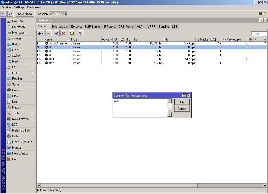 Winbox вибираємо пункт «Comment» і пишемо WAN у вікні, що відкрилося. Winbox выбираем пункт «Comment» и пишем WAN в открывшемся окошке