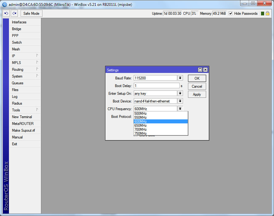 RB2011 зміна частоти процесора RB2011 изменение частоты процессора