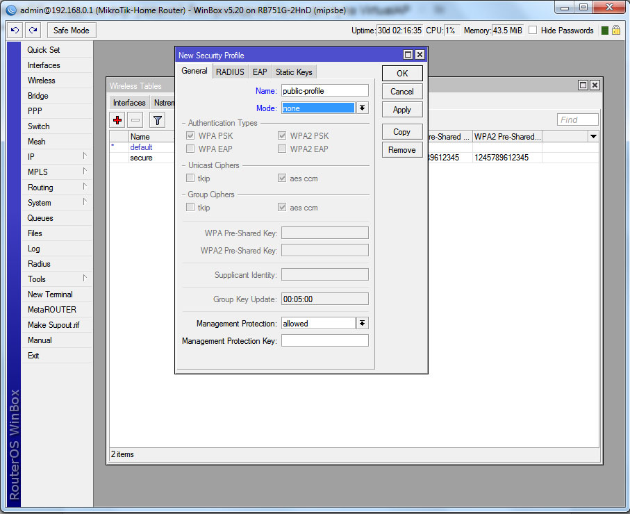 створення профілю безпеки в RouterOS создание профиля безопасности в RouterOS