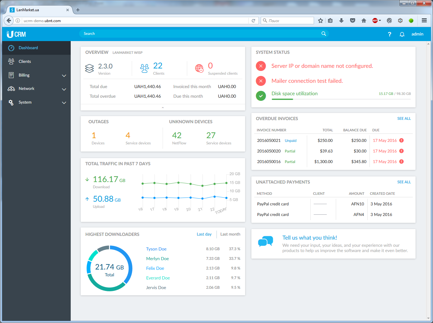Знакомство с UCRM: программный комплекс для управления сетью WISP на базе решений Ubiquiti  Знакомство с UCRM: программный комплекс для управления сетью WISP на базе решений Ubiquiti