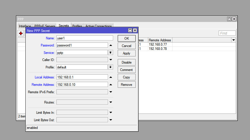 RouterOS VPN додавання користувача RouterOS VPN добавление пользователя