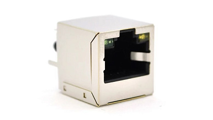 Сетевой разъем RJ45 с интерфейсом 8P8C, вертикальный, с индикацией, под пайку, Silver 